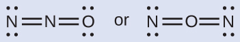 Two Lewis structures are shown with the word “or” in between them. The left structure depicts a nitrogen atom with two lone pairs of electrons double bonded to a nitrogen that is double bonded to an oxygen with two lone pairs of electrons. The right structure shows a nitrogen atom with two lone pairs of electrons double bonded to an oxygen atom that is double bonded to a nitrogen atom with two lone pairs of electrons.