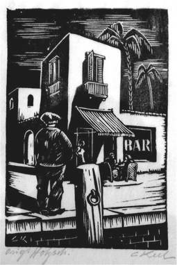 Black and white man looking at a bar and palm trees