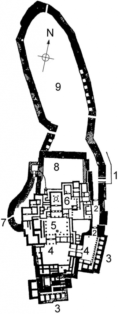 Dark outline of a city with a wide open space beside buildings numbered 1-9